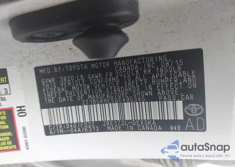 2016 Toyota Corolla S W/Special Edition Pkg z USA, uszkodzony, nr VIN 2T1BURHE5GC495345